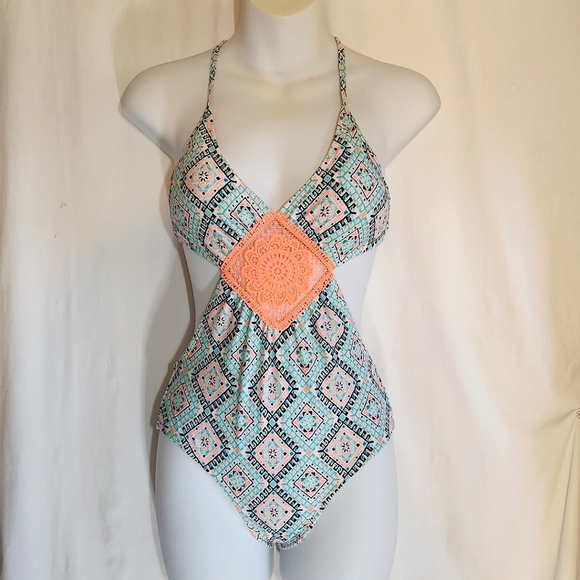 Xhilaration Monokoni Swimsuit Turquoise and Peach Medallion Pattern Sz Small - Picture 3 of 14